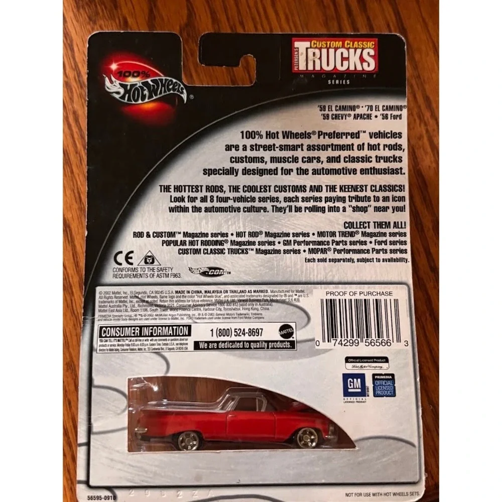 Hot Wheels 100% Petersen's Custom Classic Trucks 59 El Camino Red 1/4 56595 2002